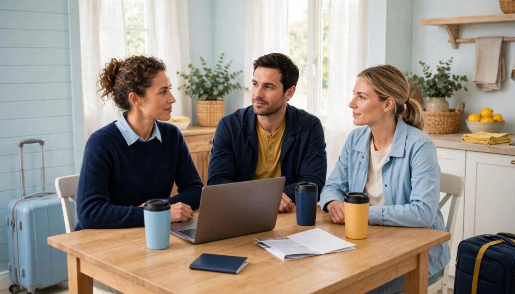 Three travelers review flight options on a laptop with their suitcases nearby.